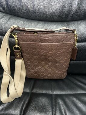 Coach Brown Embossed Signature Leather Crossbody with Beige Strap
